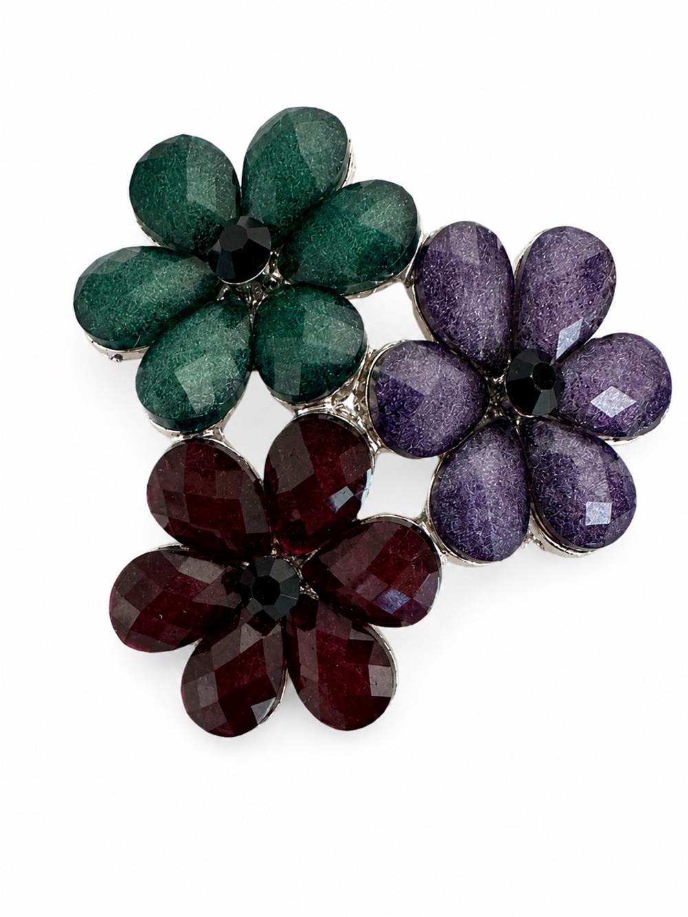 Vintage Floral Statement Brooch Green Purple Burgundy Silver Tone Pin